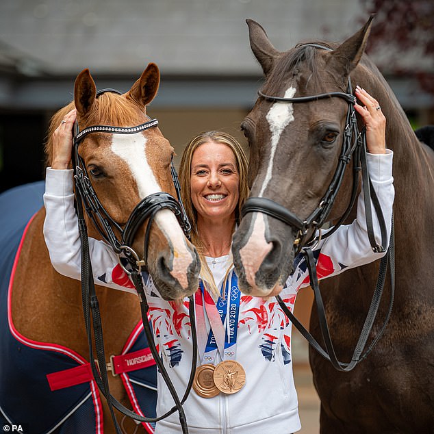 Charlotte Dujardin pictured with her Tokyo 2020 Olympic Games-winning horse Gio (left) and former Olympic gold medal winner Valegro (right) in 2021