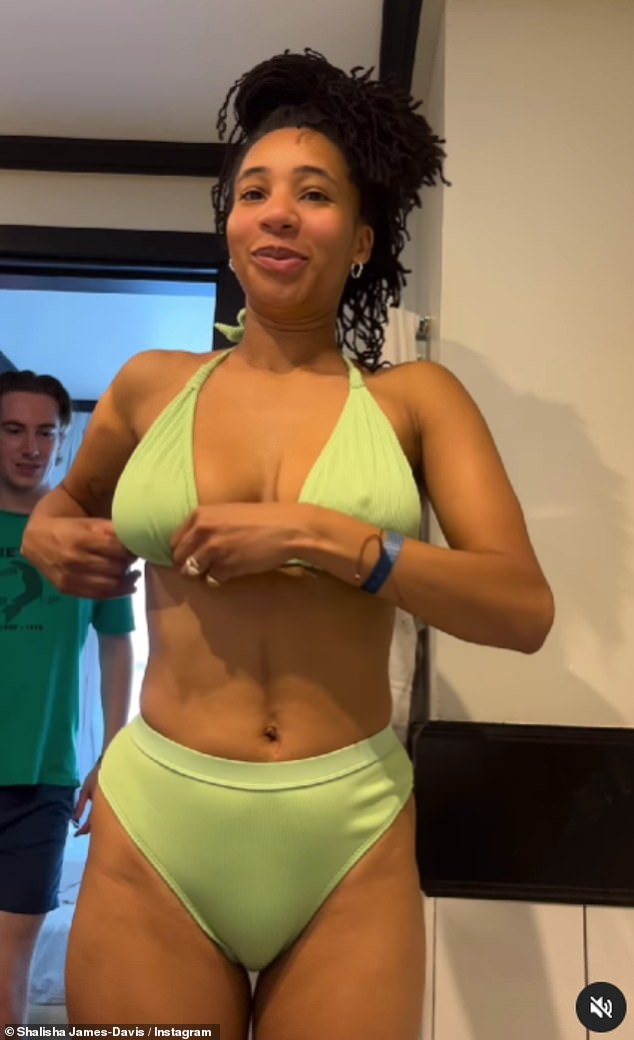 Shalisha showed off her incredible figure in a green halterneck bikini with high-waisted bottoms, as she danced alongside her husband Samuel Heron.