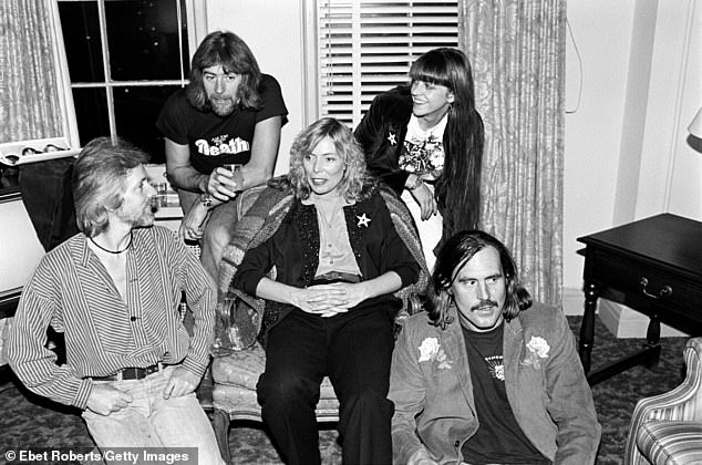 Pictured: Klaus Voormann, John Mayall, Joni Mitchell, Debby Chesher and Commander Cody during the promotion of the book 'Starart' which included artwork by them and other musicians.