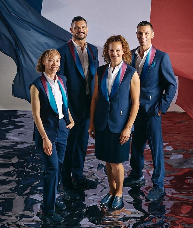 Comfortable shoes and a striking jacket... France have opted for a cabin crew look with their official Olympic uniform, which features the colours of the Tricolour on the lapels of their jackets.