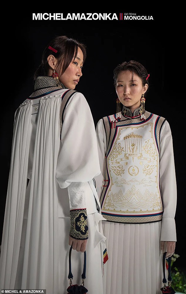 The chic outfit, by design house Michel & Amazonka, uses traditional symbols of Mongolian culture as well as the colours of the country's flag.