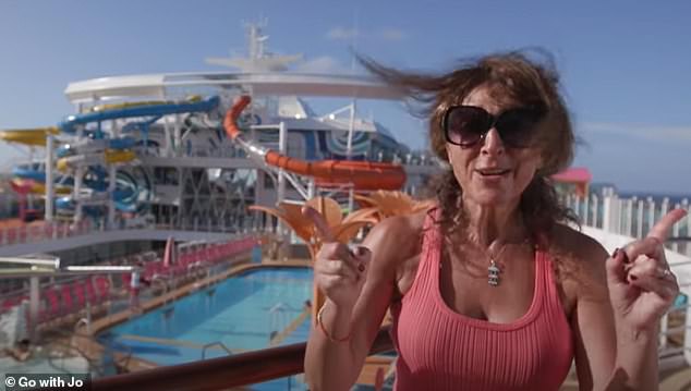 Jo's video begins on the top deck, where much of the action takes place. Here there are five pools, a zip line, a water park, a surf simulator and much more.