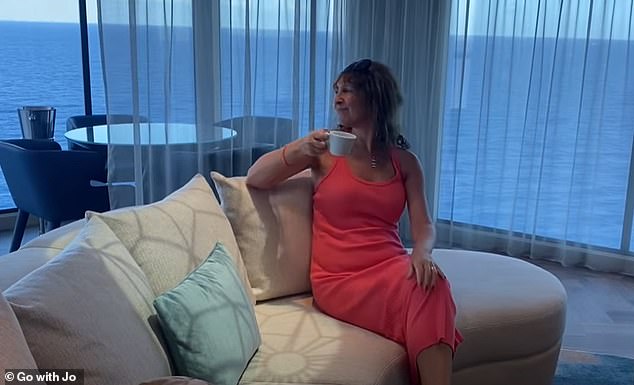 Jo in the Solarium Suite, 'a completely new style of accommodation' that 'offers exactly the same 270-degree view that the captain has from the bridge'