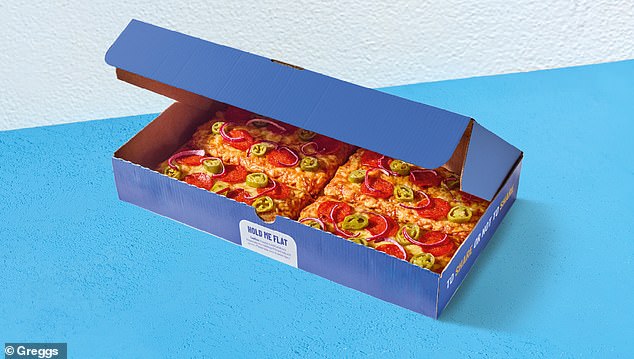 The four-slice Hot Shot Pepperoni Pizza Sharing Box features Greggs focaccia-style dough topped with their signature tomato sauce, plenty of cheese, pepperoni, sliced ​​jalapeños and red onion.