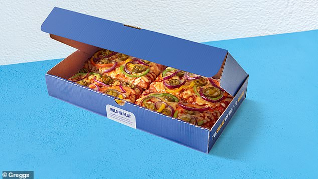 Spicy four-piece vegetarian pizza sharing box. Again, a delicious fluffy focaccia-style base with tomato sauce, shredded cheese, topped with sliced ​​peppers, red onion and jalapeños.