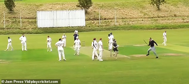 The pursuer, wielding a bat and followed by a dog, follows the first man to the wicket as the players look on in bewilderment.