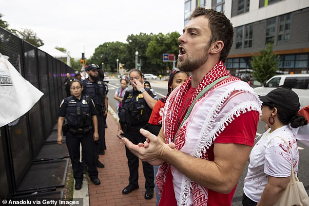 A group of pro-Palestinian activists held a noisy demonstration in front of the Watergate Hotel.