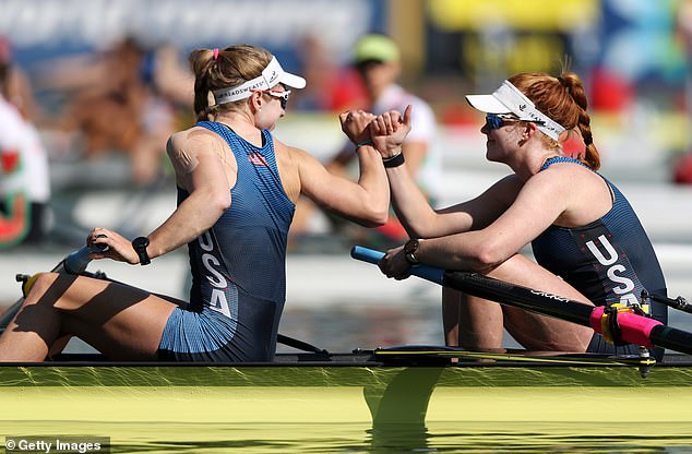 Erin (right) is seen competing in the World Rowing Cup for the United States in 2019.