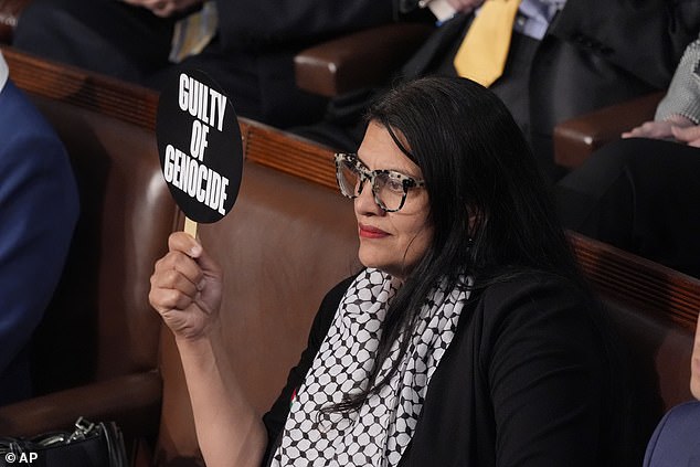 Rep. Rashida Tlaib, D-Mich., holds a sign as she attends a speech by Israeli Prime Minister Benjamin Netanyahu at a joint meeting of Congress.