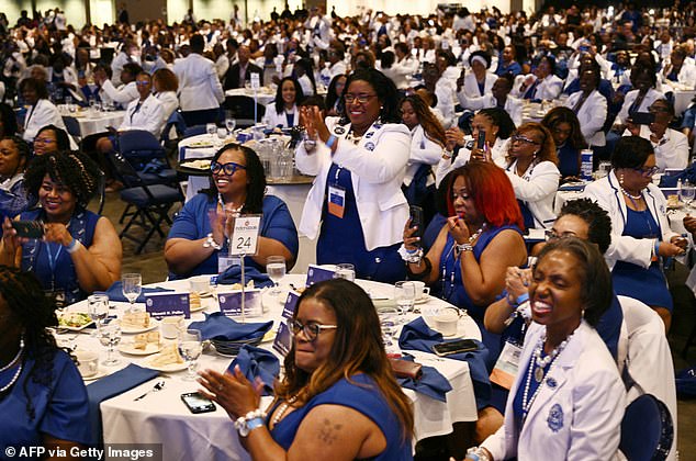 Attendees cheered Vice President Harris as she delivered the opening remarks at the Zeta Phi Beta event. During her visit, the phrase 