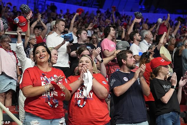 Trump supporters applaud after singing the National Anthem and before taking the stage