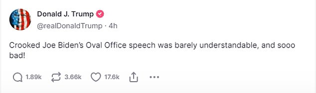 He turned to Truth Social to criticize the speech 