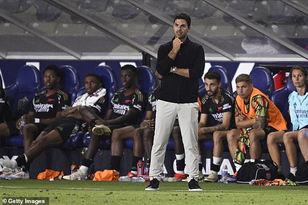 Arsenal manager Mikel Arteta watches from the touchline during the second half against Bournemouth