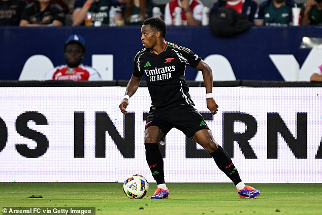 Arsenal's Jurrien Timber controls the ball during the first half against AFC Bournemouth