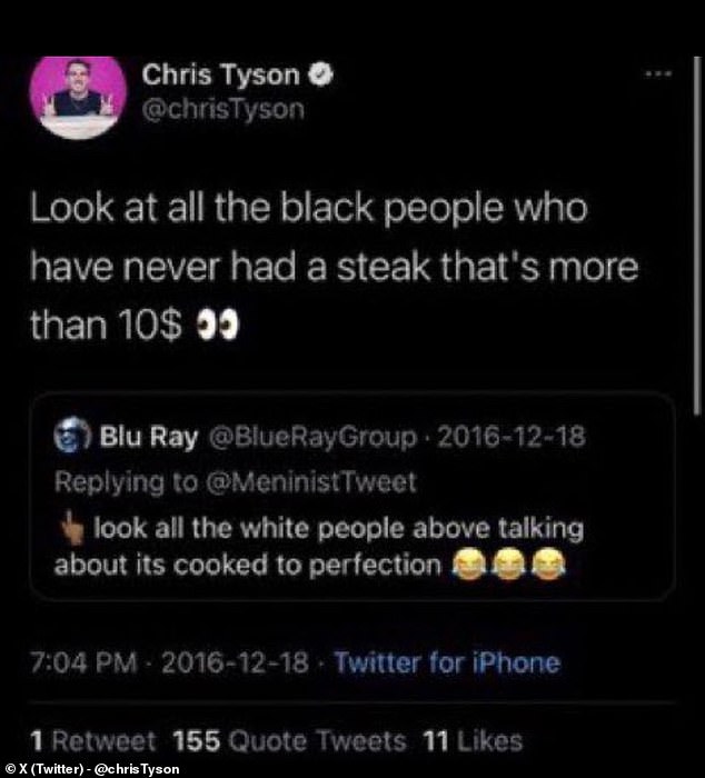 In a 2016 Twitter feud, Tyson appears to publicly argue with a black user on the platform over how to properly cook a steak: 