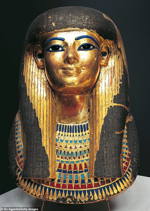 King Amenhoteb III, also known as Amenhotep the Magnificent, is depicted on one of the slabs and was famous for the expansion of diplomatic relations and the period of peaceful prosperity that citizens experienced under his rule. Pictured: Funerary mask of King Amenhoteb III