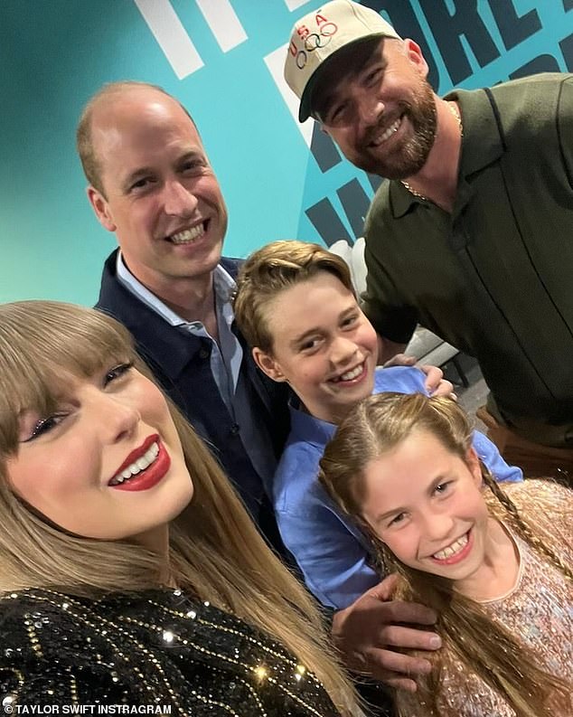 Taylor 'kicked off' her relationship with a bang by posting an adorable photo of herself and Travis posing with the Prince of Wales and their two children who came to see the show at Wembley in June.