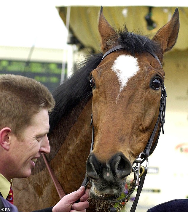 The horse pictured after winning his third race at Cheltenham in 2000. He passed away today aged 32.