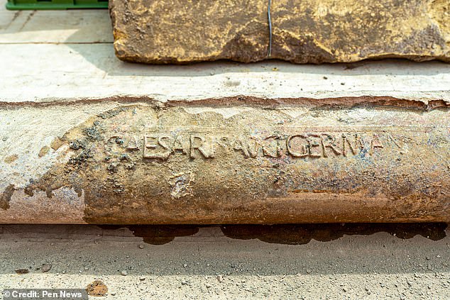 The pipe in the portico is named after Gaius Caesar Augustus Germanicus. This was the emperor's real name: Caligula, a nickname given to him as a child, when he wore a mock soldier's outfit, with little boots or 'caligae'.