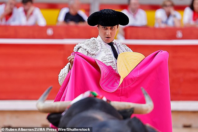 Peruvian bullfighter Andres Roca Rey during the fifth bullfight at the San Fermin Festival in Pamplona, ​​northern Spain, on July 11, 2023