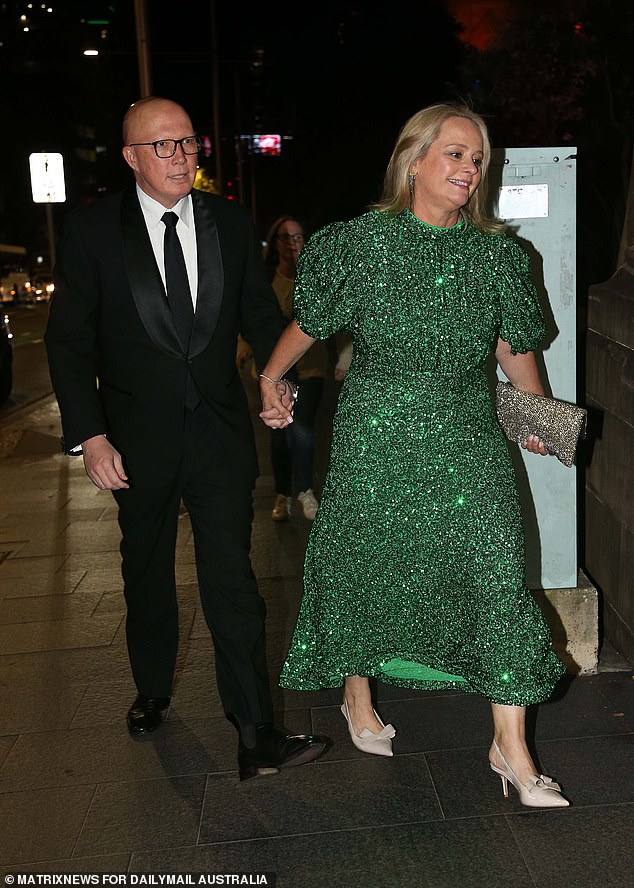 Peter Dutton (pictured left) was joined by his wife Kirilly (pictured right), who dazzled in a bright green dress.