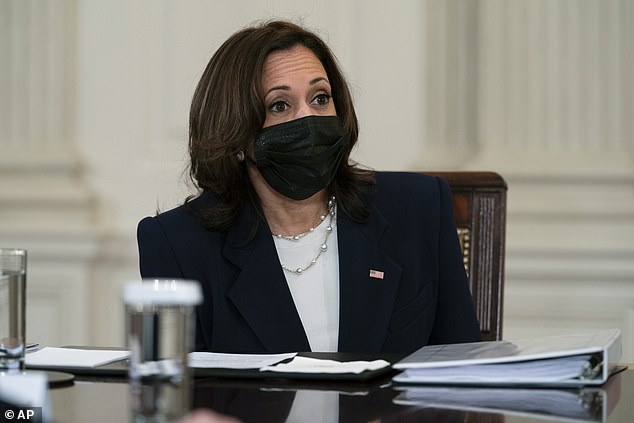 Vice President Kamala Harris discusses the southern border during a meeting with President Joe Biden