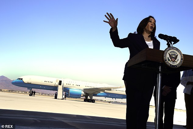 US Vice President Kamala Harris speaks to the media