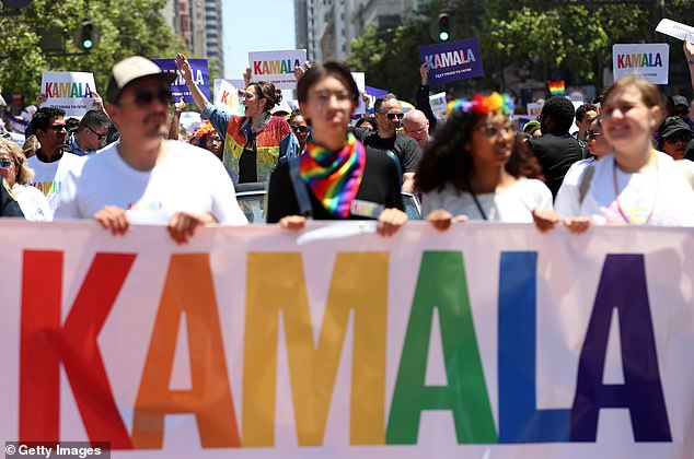 In her first campaign ad, which featured Beyoncé’s hit song Freedom playing in the background, Harris featured LGBTQ+ people and allies waving Pride flags (San Francisco Pride pictured above in 2019).