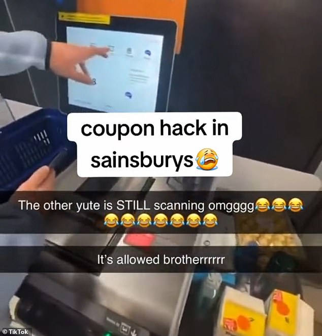 Chaos broke out at Sainsbury's after a discount voucher went awry and allowed customers to get all their shopping for free. Pictured: A customer shows how he used the app yesterday