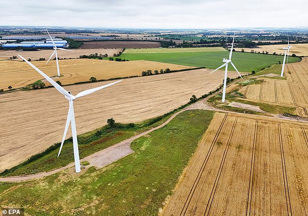 A drone image shows wind turbines at a wind farm in Biggleswade