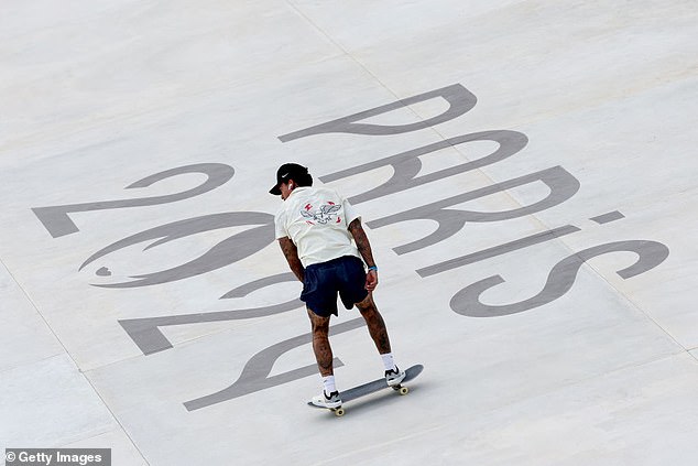 Team USA's Nyjah Huston trains during a skateboarding training session in Paris