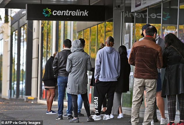 Centrelink's social security and welfare lines received 11,268,048 congestion messages, compared to 6,997,300 in the previous 12-month period. Pictured is a queue at a Centrelink office