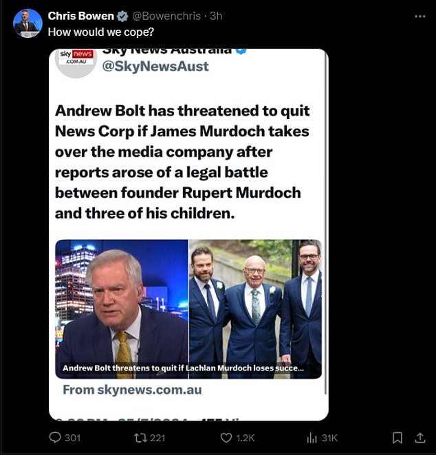 On Friday, Chris Bowen responded to Andrew Bolt's threat to leave News Corp if James Murdoch took over.