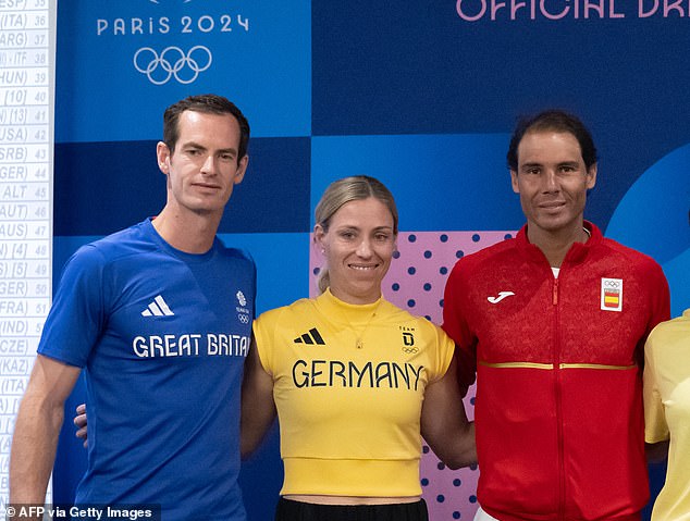 Spanish icon Nadal (right) was pictured alongside Germany's Angelique Kerber (centre) and Britain's Andy Murray (left) at the Olympic tennis draw ceremony on Thursday.