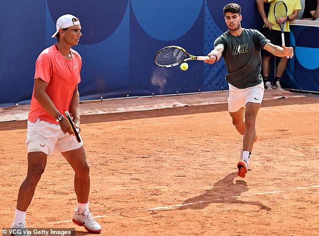 Nadal (left) training with Carlos Alcaraz (right) on Wednesday, but Nadal did not train on Thursday