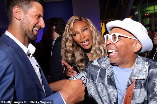 Inside the party, Serena chatted with her tennis partner Novak Djokovic (left) and film director Spike Lee (right).