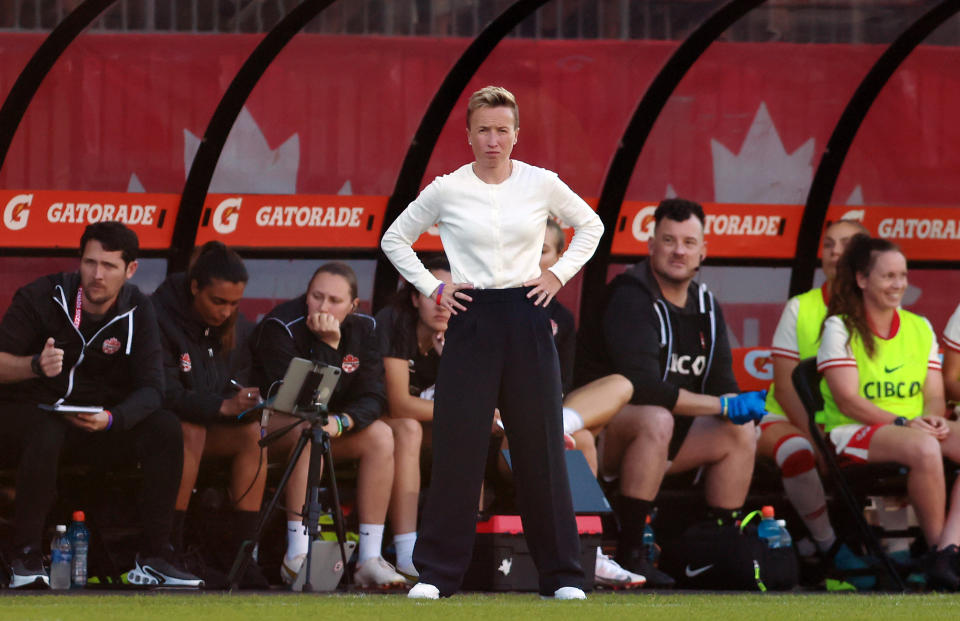 Bev Priestman, head coach of the Canadian women's soccer team, during a friendly match last month. (Vaughn Ridley/Getty Images)