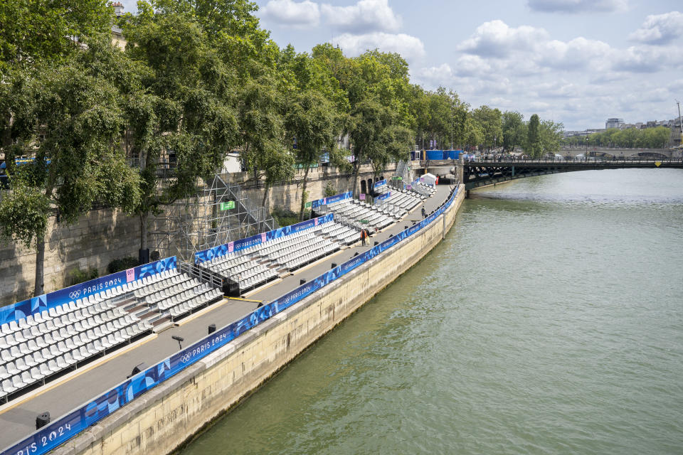 Temporary seating installed along the Seine. (Hans Lucas/AFP via Getty Images)