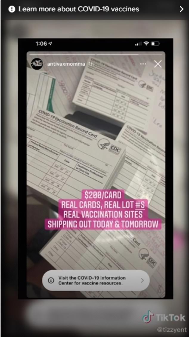 The image above shows a screenshot of the Instagram account 'AntiVaxMomma' offering fake COVID-19 vaccination cards for $200 each.