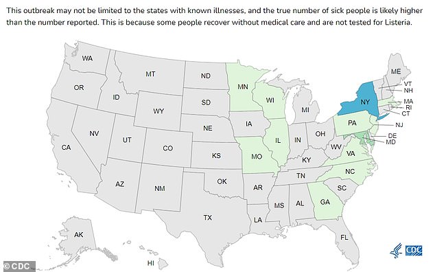 Listeriosis cases have been detected in 12 states. Two people have died: one in New Jersey and one in Illinois. The CDC believes the outbreak is likely larger than authorities have recorded.