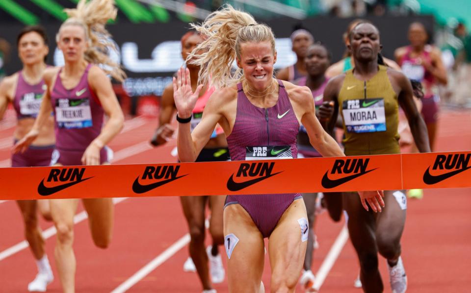 Keely Hodgkinson wins the women's 800 meters during the Prefontaine Classic track and field meet on May 25, 2024 in Eugene.