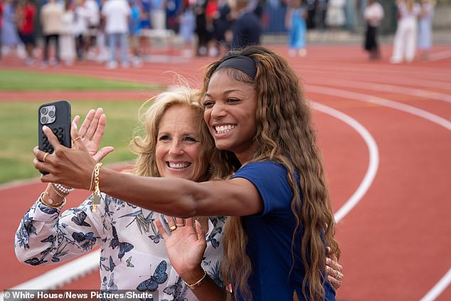 First Lady Jill Biden records digital video with Team USA track and field athlete Gabby Thomas