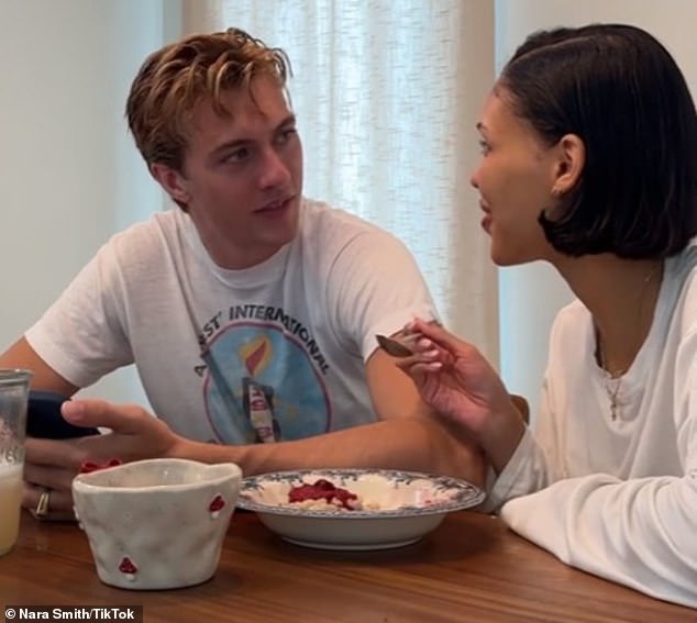 Later in the video, she enjoys breakfast with her husband, 26-year-old model Lucky Blue Smith, while 