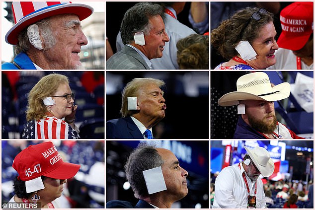 A combination image shows Republican presidential candidate and former US President Donald Trump with a bandaged ear after being wounded in an assassination attempt, and supporters and attendees with bandages over their ears in tribute to Trump during the Republican National Convention.