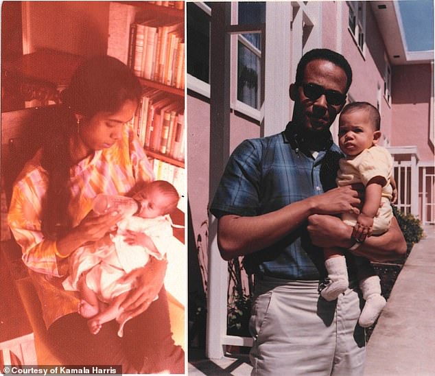 Kamala seen in the arms of her parents Shyamala and Donald as a baby.