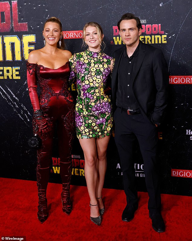 She also thanked her own castmates from her own film, It Ends With Us, who came out to support her and Ryan; pictured here with her It Ends With Us stars Isabela Ferrer and Alex Neustaedter.