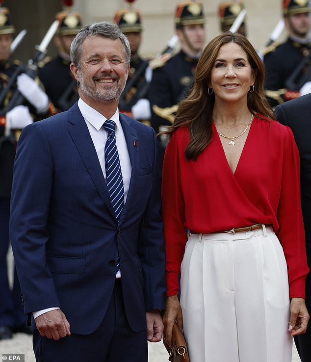 Queen Mary of Denmark, who looked elegant in a white dress and red blazer, topped the list in a striking crimson gown, while her husband opted for a navy suit.