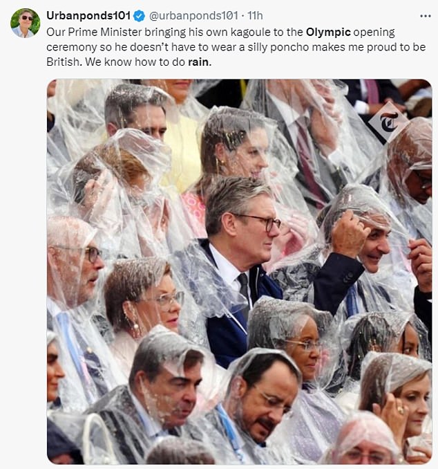 While many in the stands chose to wear a poncho, Sir Keir was pictured amid a sea of ​​plastic coverings resolutely refusing to wear such a garment.