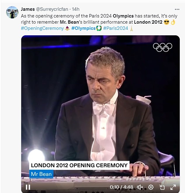 Many people shared images from the 2012 London ceremony in comparison, where Rowan Atkinson played a note on a keyboard as the iconic Mr Bean.