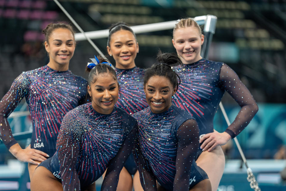 PARIS, FRANCE - JULY 25: The United States women's gymnastics team participates in podium training at the Bercy Arena, ahead of the Paris 2024 Olympic Games, in Paris, France on July 25, 2024. (Photo by Aytac Unal/Anadolu via Getty Images)